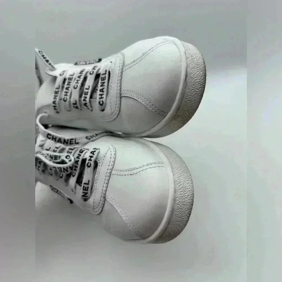 Chanel White Leather Casual Sneakers: Women's Size 36.5 Logo Laces CC - Picture 12 of 13